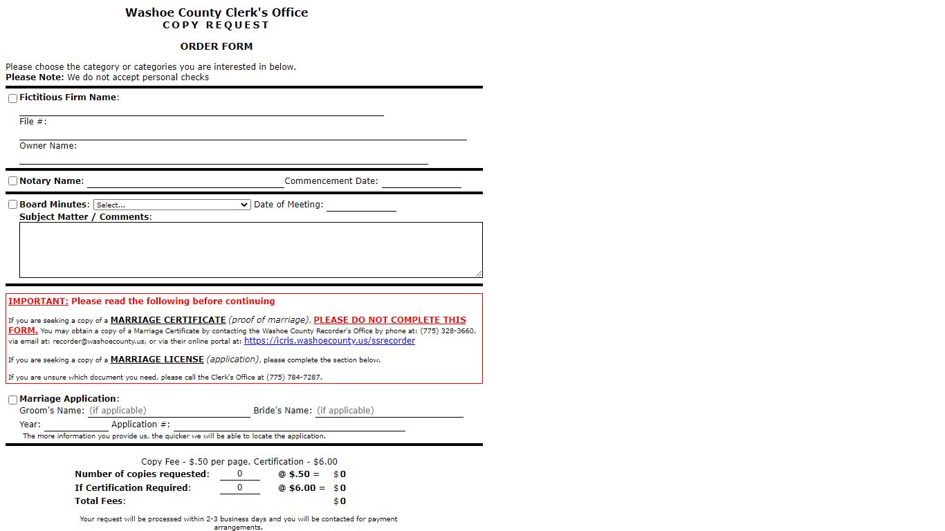 Washoe County Clerk's Office - Online Copy Request Form